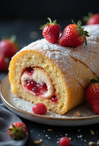 Strawberry Swiss roll cut into slices, served with fresh strawberries