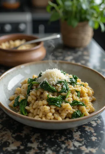Farro with spinach and Parmesan, served with fresh lemon
