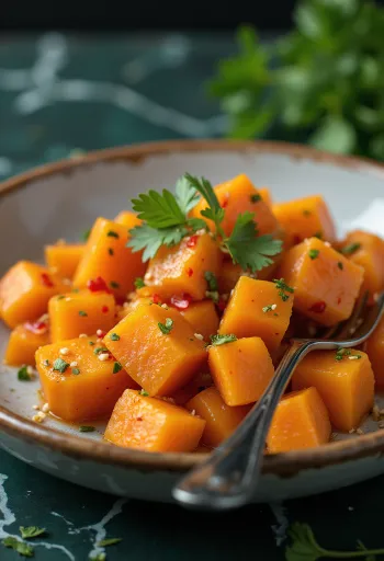 Boiled sweet potato with chilli, spicy vegetable dish with coriander