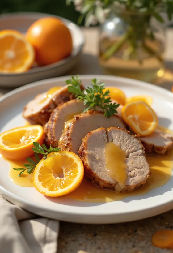 Duck breast served in orange sauce