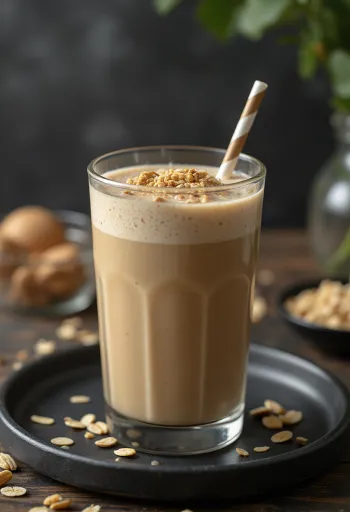 Coffee smoothie served in a tall glass, decorated with banana slices