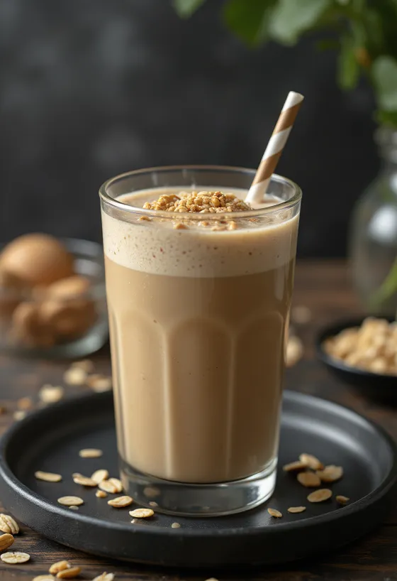 Coffee smoothie served in a tall glass, decorated with banana slices
