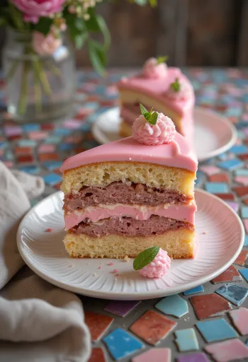 Punch cake covered in pink icing decorated with chocolate strips and candied fruit.