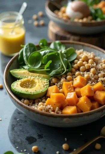 Butternut squash quinoa Buddha bowl with fresh vegetables