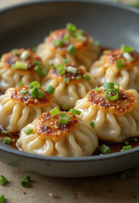 Vietnamese chicken dumplings served with crispy bottom and steamed dough