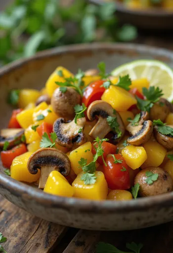 Ackee and mushrooms, a scrumptious dish served with fresh coriander and lime slices