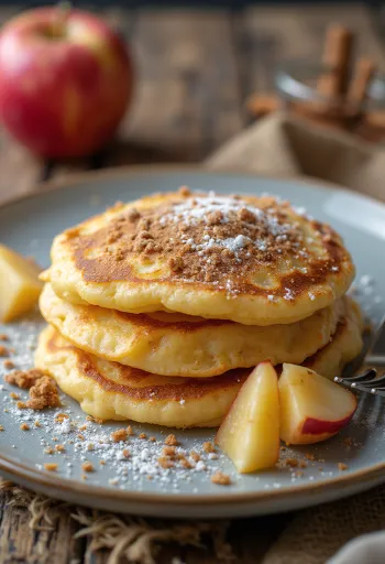 Freshly fried apple pancakes sprinkled with cinnamon icing sugar