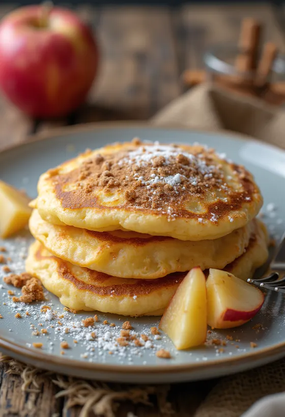 Freshly fried apple pancakes sprinkled with cinnamon icing sugar