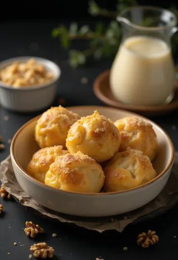 Traditional golden dumplings with vanilla custard, walnut layers and fluffy dough.