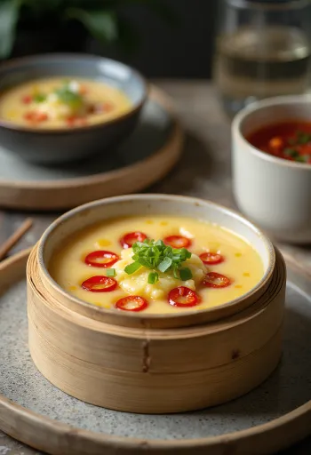 Chawanmushi with chilli pepper, served as a rich egg dish