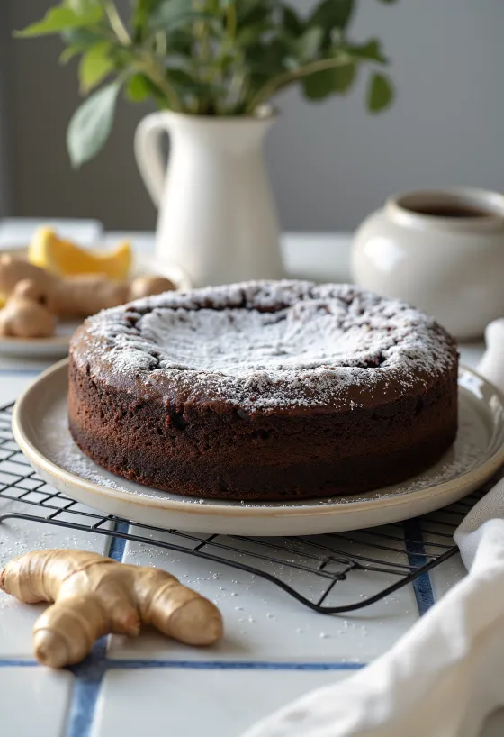 Chocolate ginger cake dusted with icing sugar and grated ginger