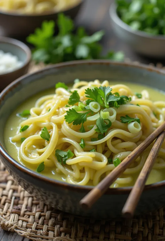 Coconut green curry noodles with exotic vegetables