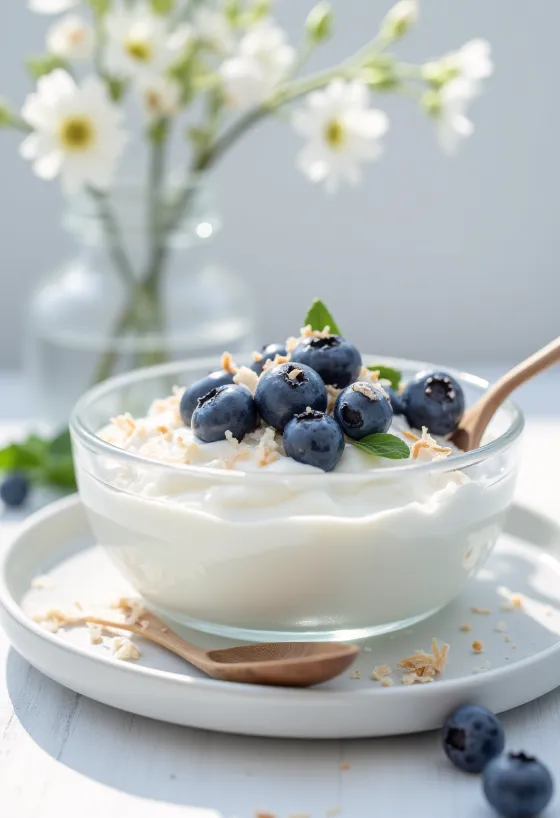 Probiotic blueberry and coconut yoghurt, served with fresh blueberries and desiccated coconut