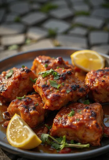 Tandoori goat served with naan bread and fresh coriander.