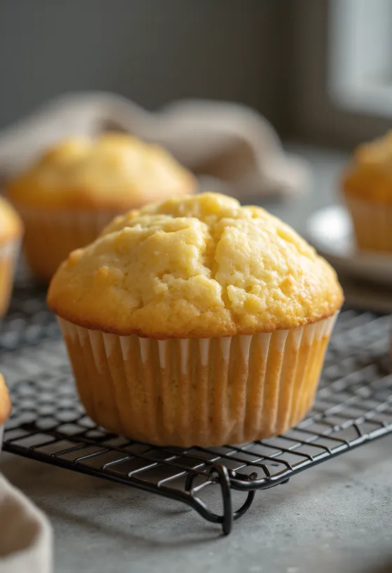 Vanilla muffin baked golden brown, served in paper cases
