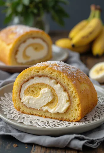 Bolo de Rolo with Banana, sliced, delicious sponge roll with banana filling