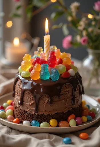Candy chocolate cake decorated with colourful sweets and pearls