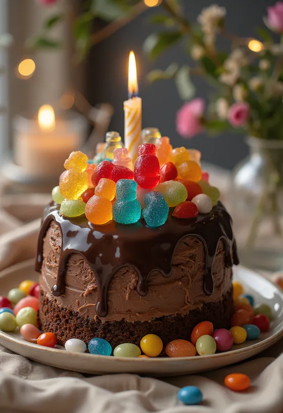 Candy chocolate cake decorated with colourful sweets and pearls