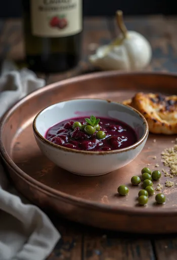 Curry red wine caper sauce in a jar, served with roasted dishes