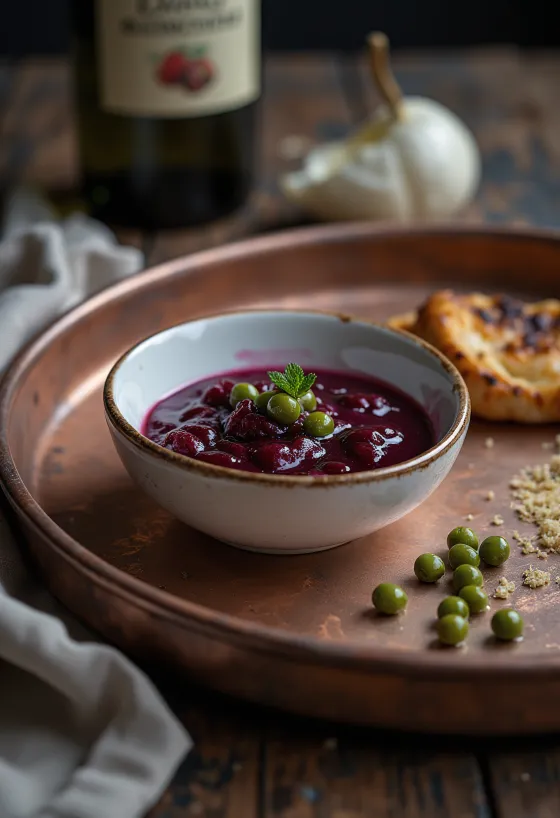Curry red wine caper sauce in a jar, served with roasted dishes