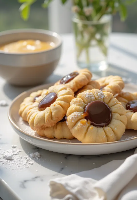 Caramel Linzer biscuits served on a plate