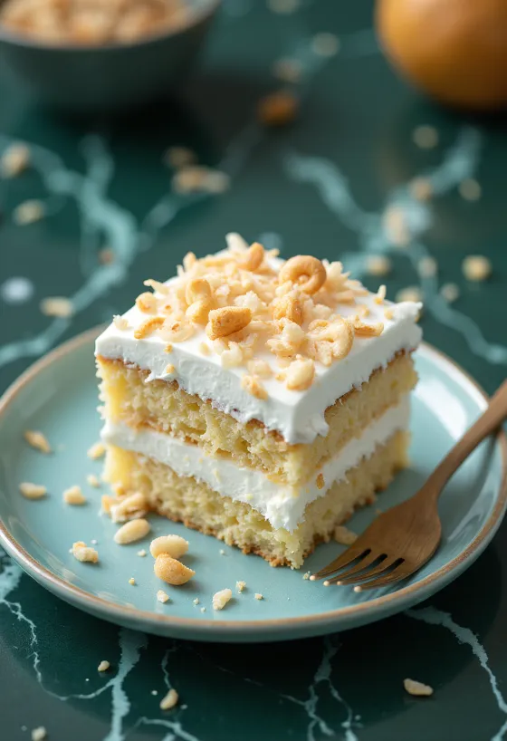 Coconut mousse cake served with desiccated coconut
