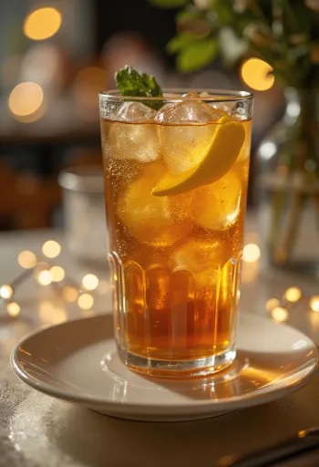 Long Island Iced Tea cocktail decorated with a lemon slice