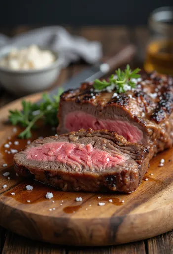 Picanha, grilled Brazilian beef slices with roasted potatoes and chimichurri sauce