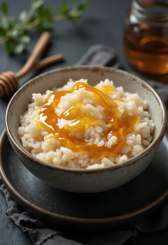 Creamy risengrød served drizzled with honey