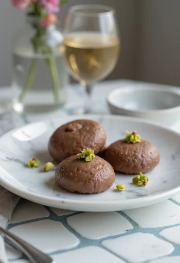 Chocolate Sandesh, sweet Indian dessert, decorated with chocolate and pistachios