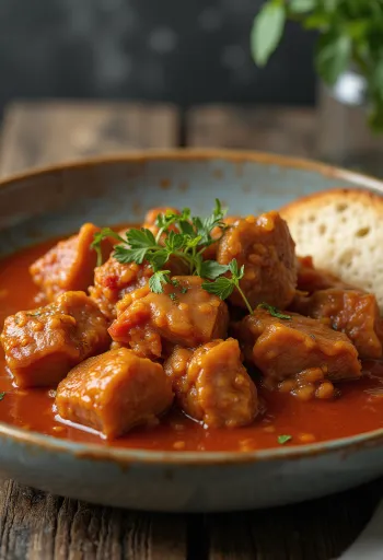 Pork stew served with potatoes and fresh parsley