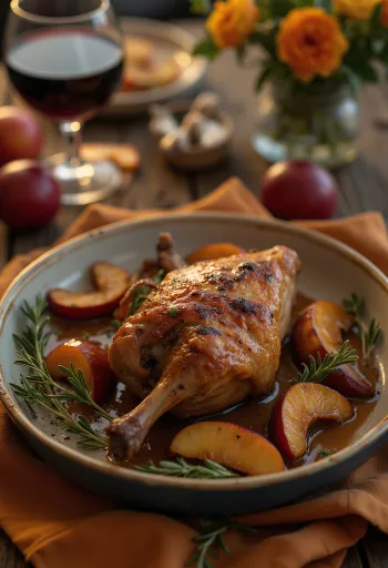 Crispy roast duck legs served with mashed potatoes and braised cabbage