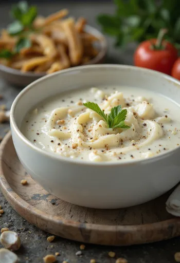 Creamy spicy garlic sauce in a bowl, decorated with fresh parsley.