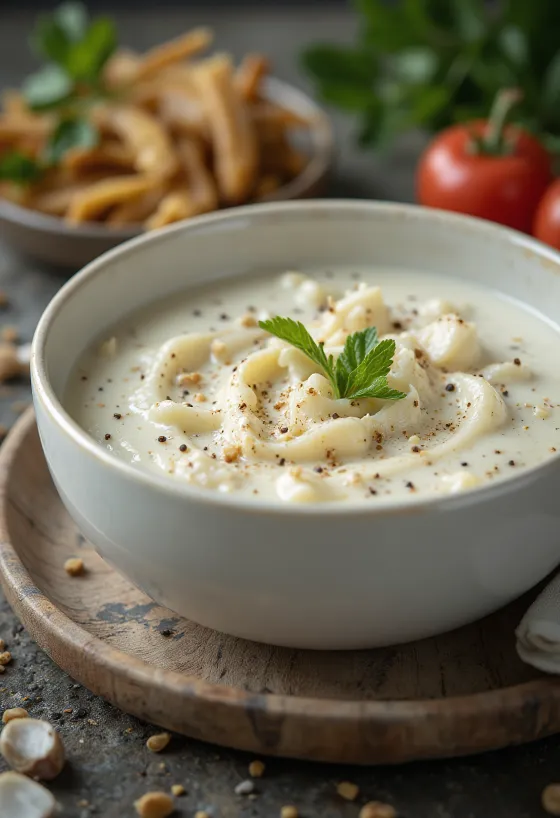 Creamy spicy garlic sauce in a bowl, decorated with fresh parsley.