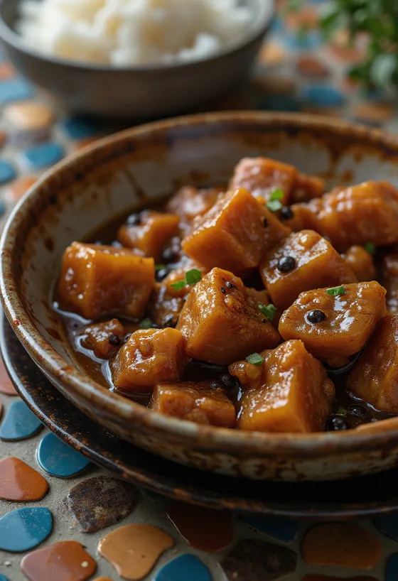 Pork Adobo, served with rice and fresh coriander