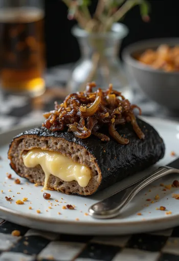 Cheese-stuffed black pudding served with caramelised onions and fresh parsley
