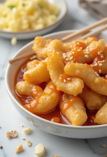 Cakwe served with spicy sauce sprinkled with sesame seeds