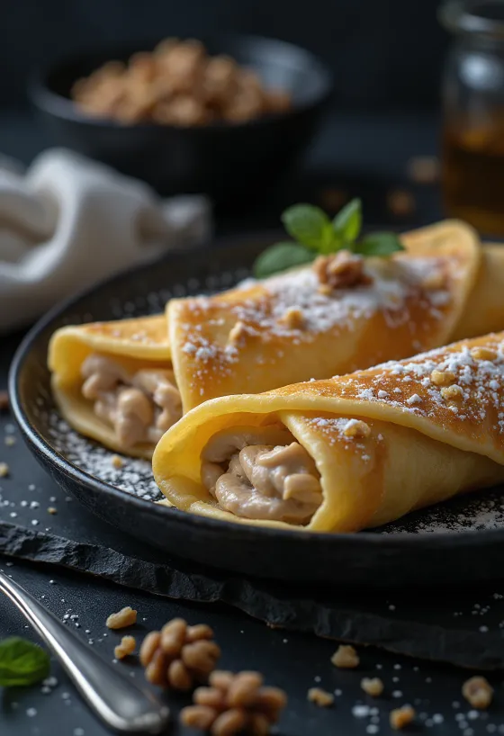 Walnut pancakes served with chocolate sauce