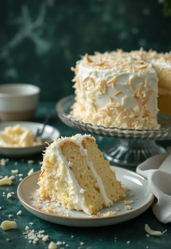 Coconut cream layer cake with rich desiccated coconut