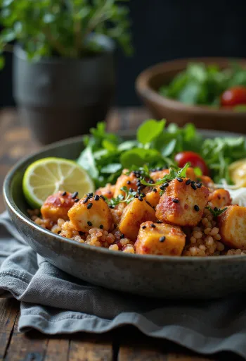 Lime tofu quinoa Buddha bowl with curry beetroot tahini served