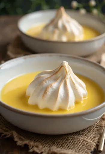 Floating Islands served in glasses, decorated with vanilla custard and egg white foam
