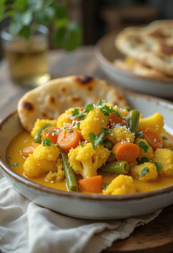 Steamed vegetables with curry, coconut milk dish with spices