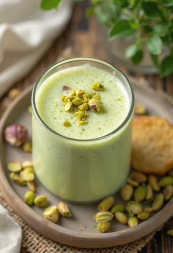 Pistachio lassi, with creamy yoghurt and fresh lime, flavoured with rose water
