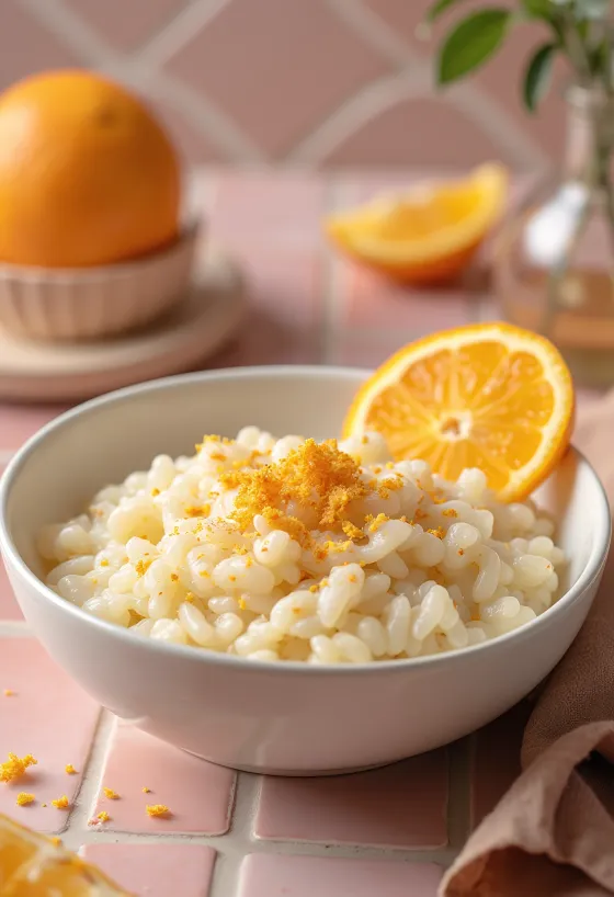 Creamy risengrød served with fresh grated orange zest and cinnamon