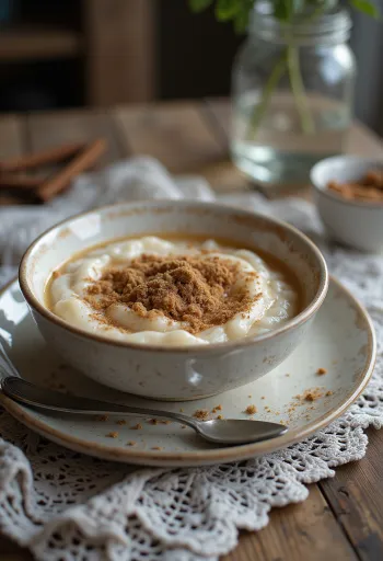 Rømmegrøt with brown sugar, served sprinkled with cinnamon