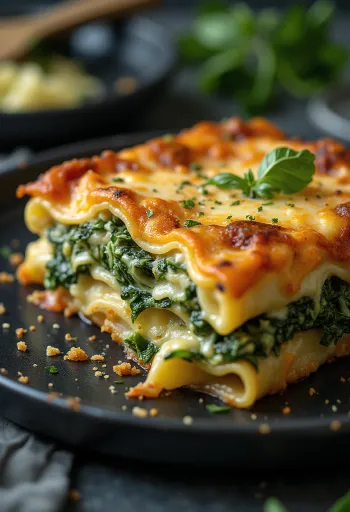 Spinach lasagne layered, with golden brown baked cheese on top