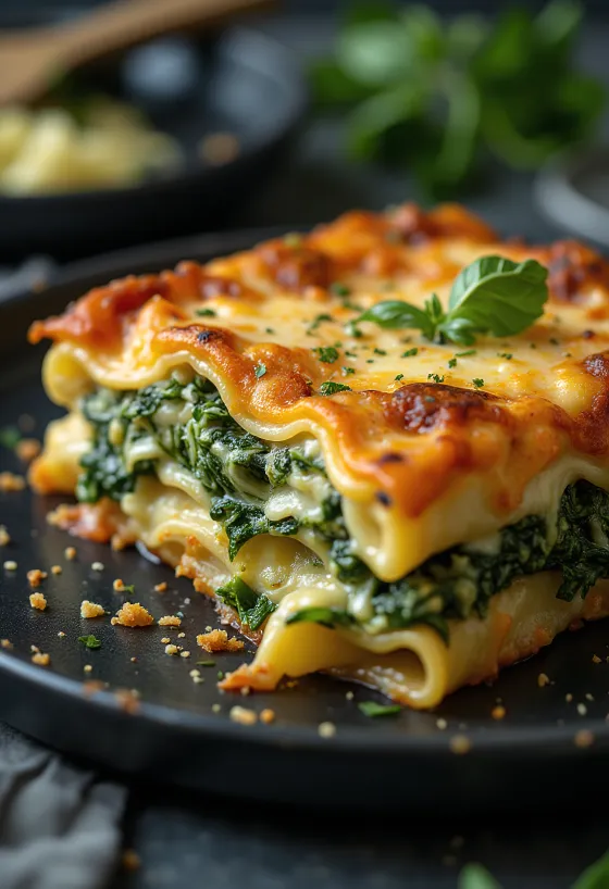 Spinach lasagne layered, with golden brown baked cheese on top