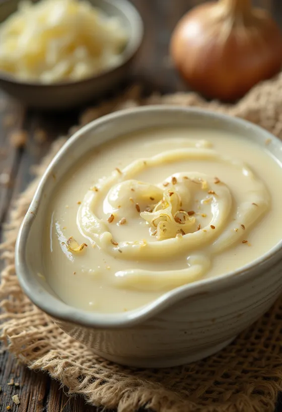 Creamy shallot butter sauce in a bowl, decorated with fresh thyme.