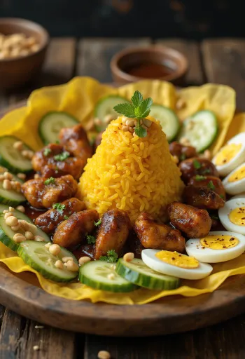 Tumpeng served with roasted chicken and peanuts