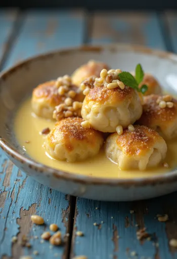 Traditional Golden Dumplings with vanilla custard – Soft, walnut dumplings served with sweet, creamy custard.
